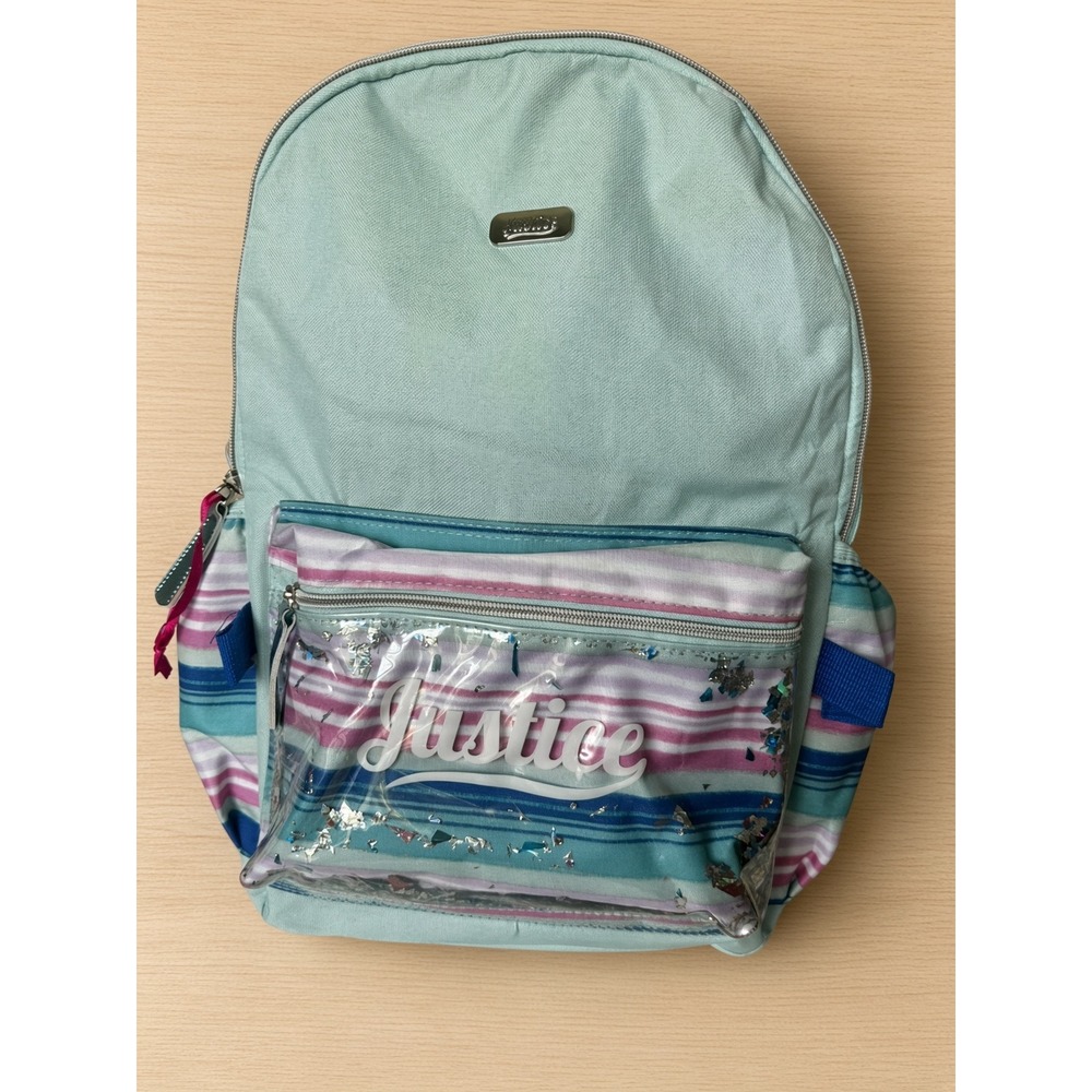 Justice Girls Mint Green Striped Backpack with Glitter Confetti Pocket